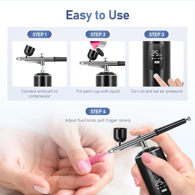Airbrush Kit with Compressor, 2 Airbrushes, 6400mAh 50PSI High Pressure Airbrush for Nails with 0.2/0.3/0.5mm Nozzle Sets, Airbrush for Nails, Modeling, Cake Decorating, Pastry (Black)