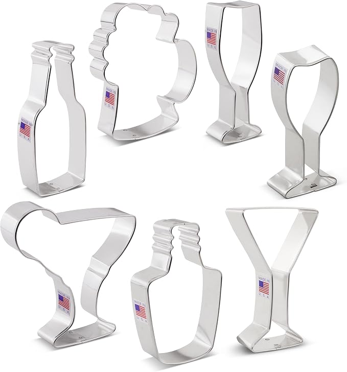 Ann Clark Cocktail Party Cookie Cutters 7-Pc Set (Champagne Glass, Wine Glass, Martini Glass, Margarita Glass, Beer Bottle and More)