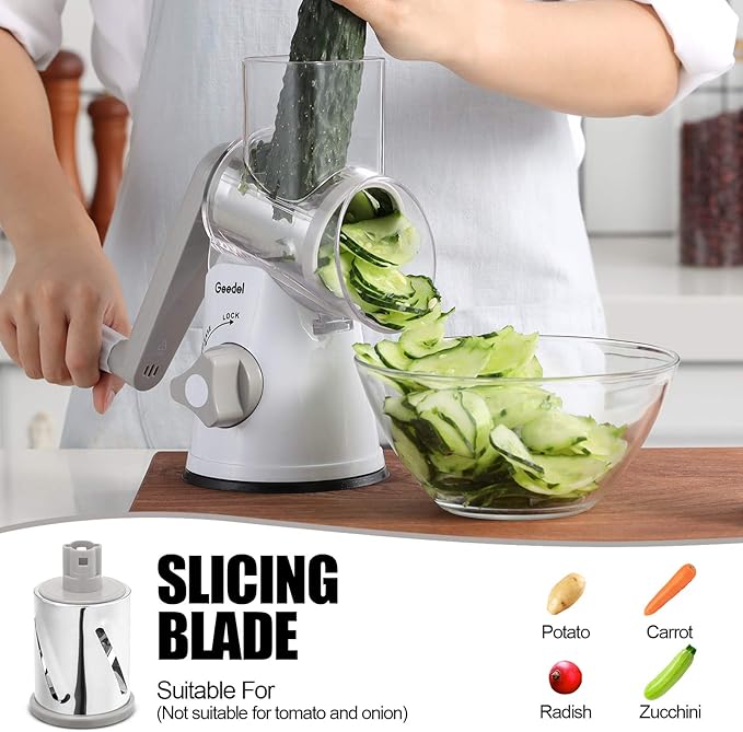 Geedel Rotary Cheese Grater, Kitchen Mandoline Vegetable Slicer with 3 Interchangeable Blades, Easy to Clean Rotary Grater Slicer for Cheese, Vegetables, Nuts
