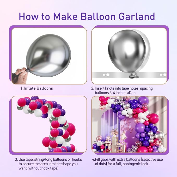 MEBAY Hot Pink Purple Silver White Baloon Garland Arch Kit, 147Pcs Latex Balloons Different Sizes 18 12 10 5 inch for Women Girls Wedding Birthday Baby Shower Party Decorations