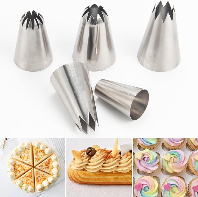 Large Piping Tips Set, 5pcs Stainless Steel Cake Decorating Tips for Cake Icing, Cupcakes, Cookies, Desserts, and Cake Decorating Molds, Include 2 Curved Teeth, 2 Straight Teeth, 1 Round Tip