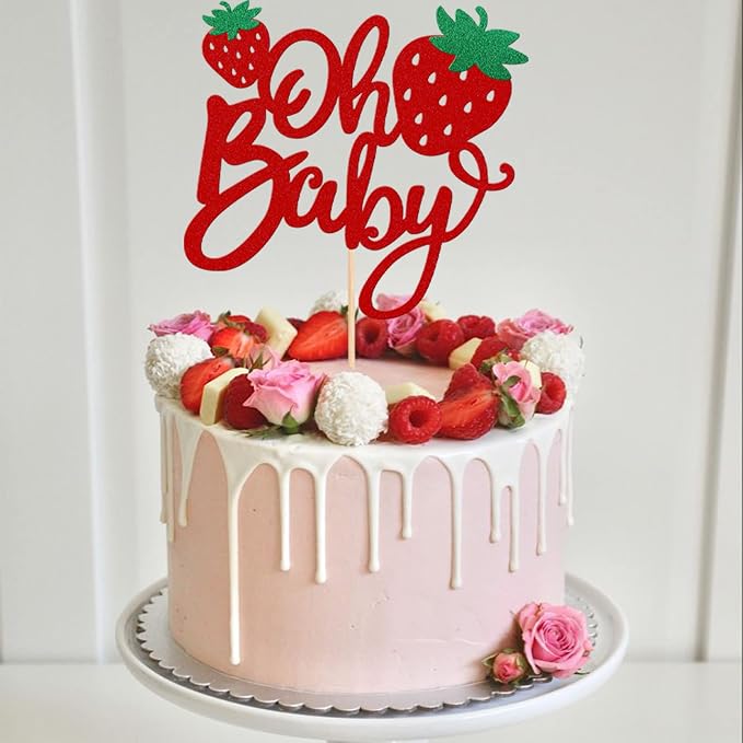 1 PCS Strawberry Oh Baby Cake Topper Glitter Baby Shower Strawberry Cake Pick Fruit Theme Oh Baby Cake Decoration for Baby Shower Kids Boys Girls Birthday Party Decorations Supplies Red