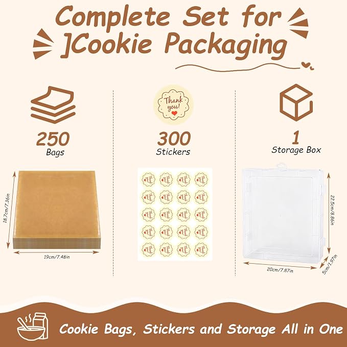 AgePlace 250 Pack Cookie Bags with Seal, 7.1 x 7.5 Inch Kraft Paper Bakery Bags with Window, Storage Box Included, Self Sealing & Grease Resistant Cookie Packaging for Donuts,Brownies,Scones & Muffins