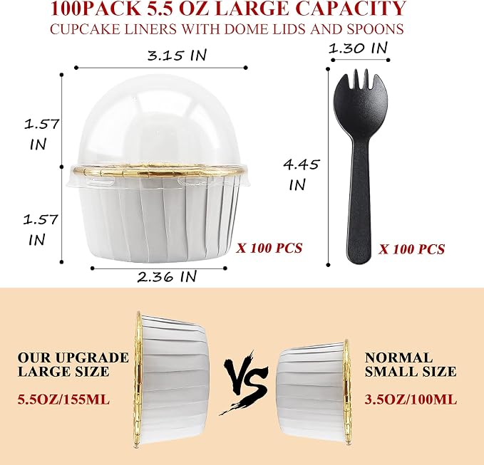 LNYZQUS 5.5 Oz Foil Cupcake Tins Baking Cups, Disposable Ramekins Muffin Tins, Large Cupcake Cups with Spoons-White in Gold