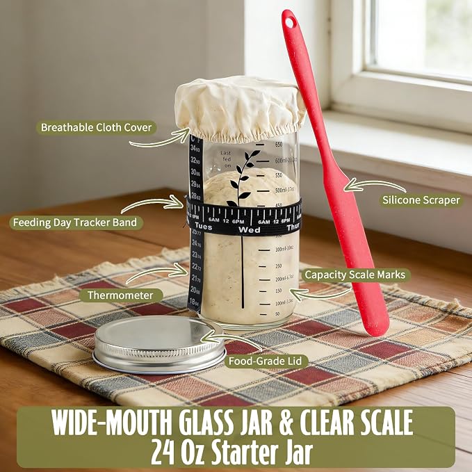Sourdough Starter Kit, Sourdough Bread Baking Supplies with 24oz Starter Jar -Round Cotton Rope Rising Basket with Bread Knife, Dough Scraper, Liner & Cover, Easy No -Fail Kit, Gift for Home Bakers