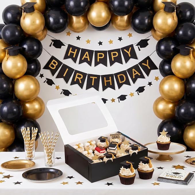 Moretoes 3PCS Cupcake Boxes with Window,Hold 12 Count Cupcake Containers for Birthday,Graduation, Party Decorations(Black)