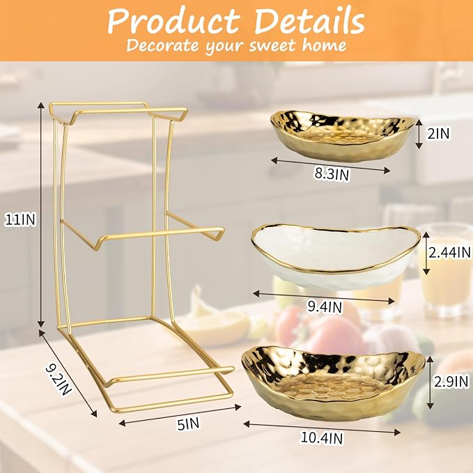 3 Tier Ceramic Fruit Bowl for Kitchen Counter with Metal Rack, Fruit Basket with Stand, Porcelain Bowls for Vegetable Bread Candy Snack Nuts Dessert Cake Tray (Gold 3 Layer)