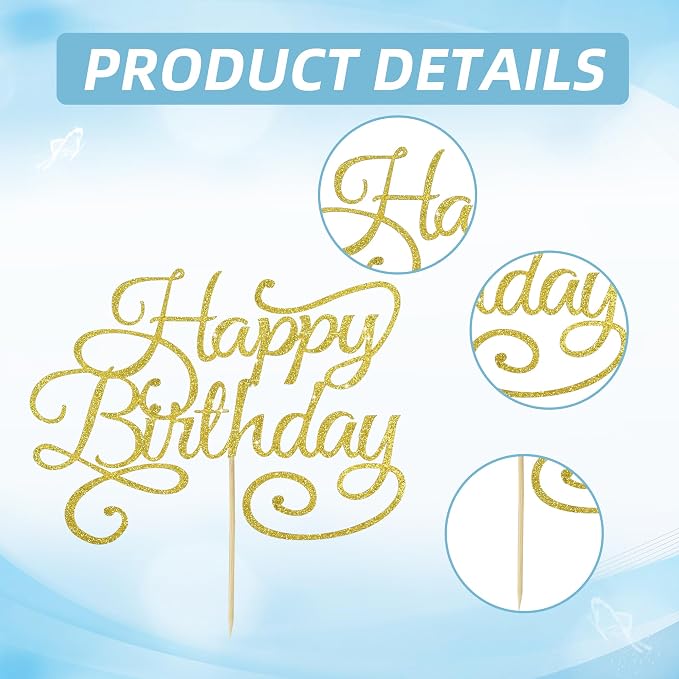 BEISHIDA Happy Birthday Cake Topper Gold Glitter Happy Birthday Cake Bunting Decoration Birthday Party Cake Decoration Supplies, for Photo Booth Props