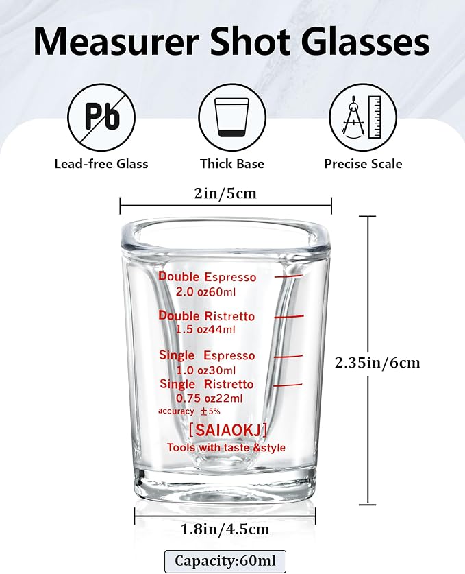 Shot Glasses Measuring Cup Set 2PACK Espresso Shot Glasses Liquid Heavy Glass 2oz/60ml (Red)