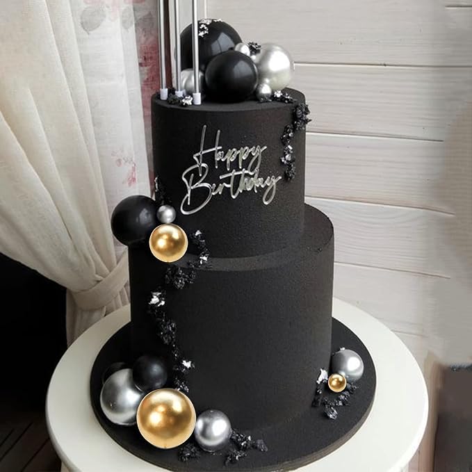 24 PCS Balls Cake Toppers Ball Cake Picks Ball Shaped Cupcake Toppers Foam Balls Cake Topper Insert Mini Balloons Cake Decorations for Wedding Baby Shower Birthday Party Supplies Black Gold Silver