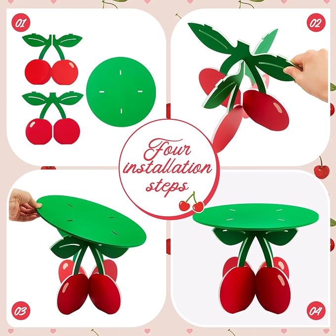 Lallisa 12" Cherry Cake Stand 3D Red and Green Cherry on Top Party Decorations PVC Dessert Holder Centerpieces for Birthday Baby Shower Wedding Party Supplies