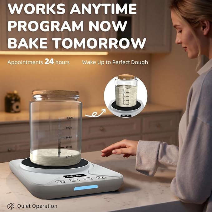 Sourdough Starter Warmer Mat - 24H Timer - Precise 1°F Thermostat Control (70-100°F) - Smart Memory Warming On/Off - Fits Jars Up to 40oz - Perfect for Home Baking (Moonlight White)