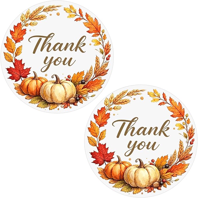 Louise Maelys 120Pcs Thank You Stickers Roll-2 Inch Autumn Thank You Sticker with Pumpkin & Leaf Pattern Labels for Thanksgiving, Gift, Party Favors, Small Business, Envelope,Holiday Decorations