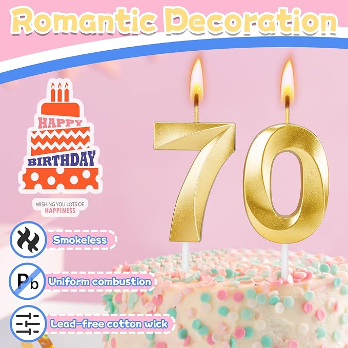 70th Birthday Candles for Cake,Gold Number Candles for Happy Birthday Cake Toppers,Birthday Decorations for Women Men Party Anniversary Wedding