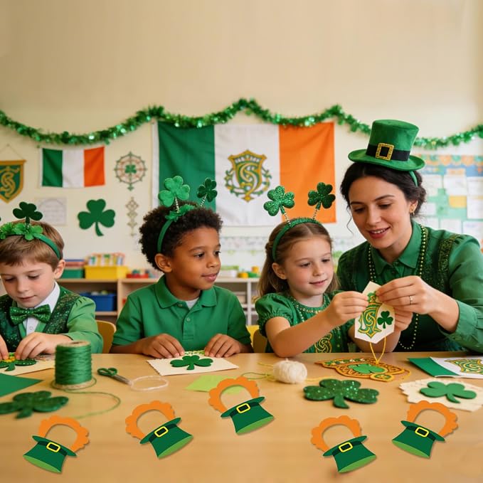 Vuzvuv 50Pcs Saint Patrick's Day Shamrock Festival DIY Hat Cutouts Paper with 100Pcs Glue Points for Wall Bulletin Board Decorations or Theme Party or Classroom Decor Supplies
