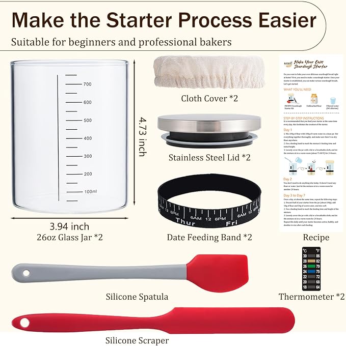 Sourdough Starter Jar Kit, 26 OZ Wide Mouth Sour Dough Starter Jars Glass, Sourdough Bread Baking Supplies, Sourdough Tools for Beginners and Pro, 2 Pack