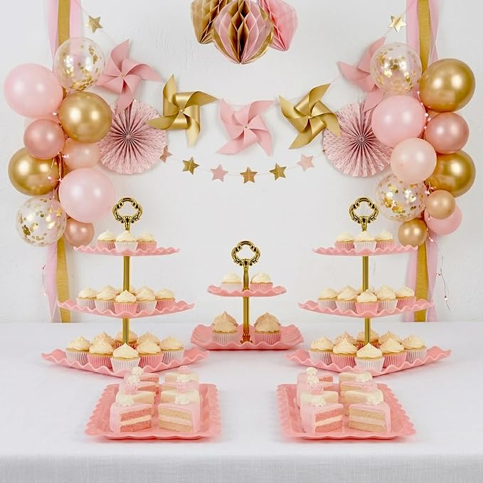 NWK 5 Piece Cake Stand Set with 2 x 3-Tier Cupcake Stands, 1 x2-Tier Cupcake Stands, 2 x Appetizer Trays, for Wedding Birthday Baby Shower Tea Party Decorations (5, Pink, Square)