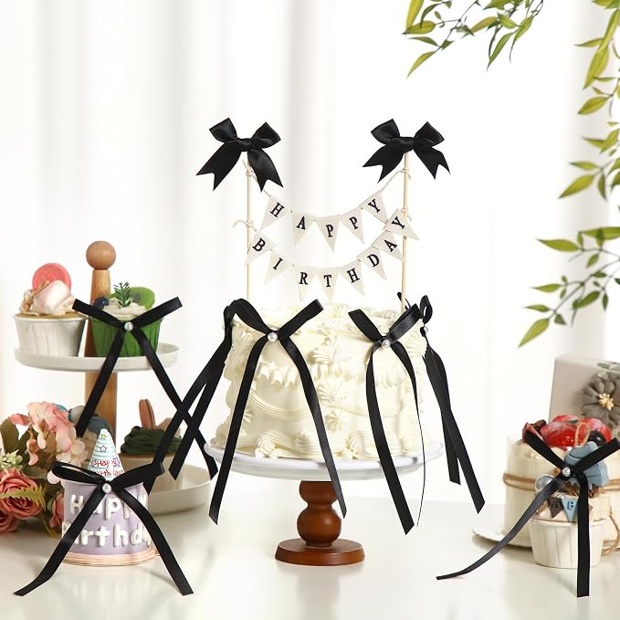 Honeydak 11 Pcs Black Bow Ribbon Cake Topper Happy Birthday Cake Bunting Topper with Wood Pole Handmade Pennant Flags with Bows Ribbon for Birthday, Bridal Party Decoration