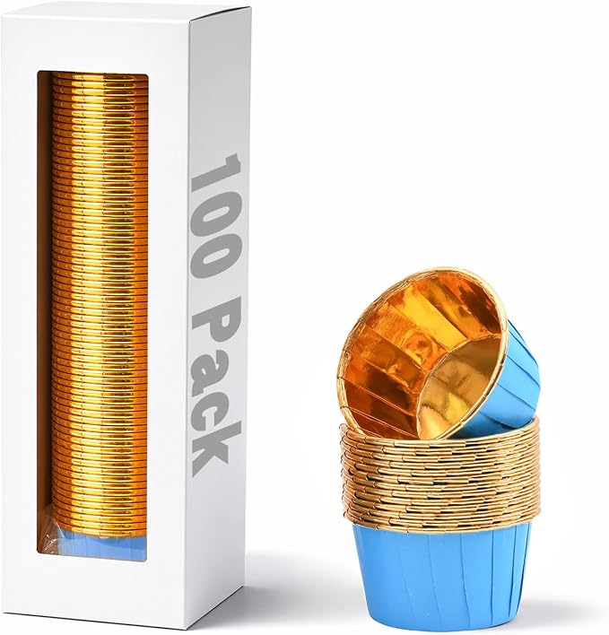 Party Hippo Cupcake Cups, 3.5 Oz 100 pcs Disposable Foil Muffin Liners, Gold Baking Cups, Ramekin Aluminum Cupcake Tip Pan Ramekin Holders, Little Baking Cups (100, Blue)