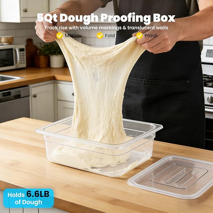 Dough Proofing Container, 5Qt Large Capacity Holds Up to 6.6Lb of Dough, BPA-Free Tray with Lid Dough Rising Box for Bread, Sourdough, Pizza Dough Stackable Dough Container(Clear 1 Pack)