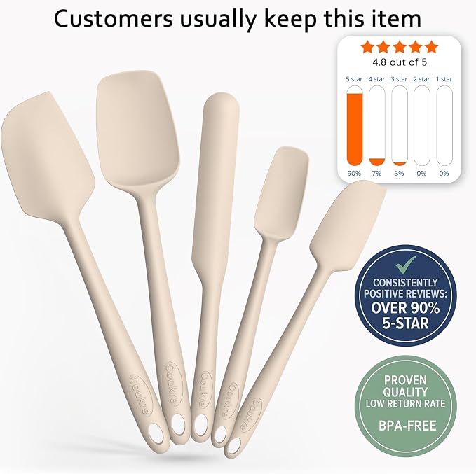 Coukre Silicone Spatula Set of 5,High Temperature Resistant, Food Grade Silicone, Dishwasher Safe, for Baking, Cooking (Pure Beige)