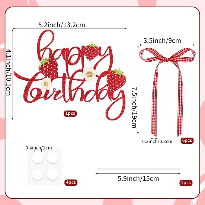 Hooqict 7Pcs Strawberry Cake Decorations Set with Happy Birthday Cake Toppers and Bows for Girls Sweet Strawberry Baby Shower Berry 1st Birthday Party Decorations Supplies