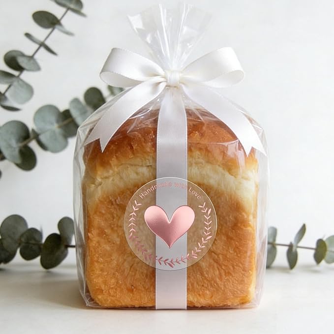 100 PCS Handmade with Love Stickers, Clear Rose Gold Foil Heart Labels for Small Business Packaging, Baking, Gift Wrapping, Envelopes, Favor Bags & Dessert Treat Bags, 1.6 Inch