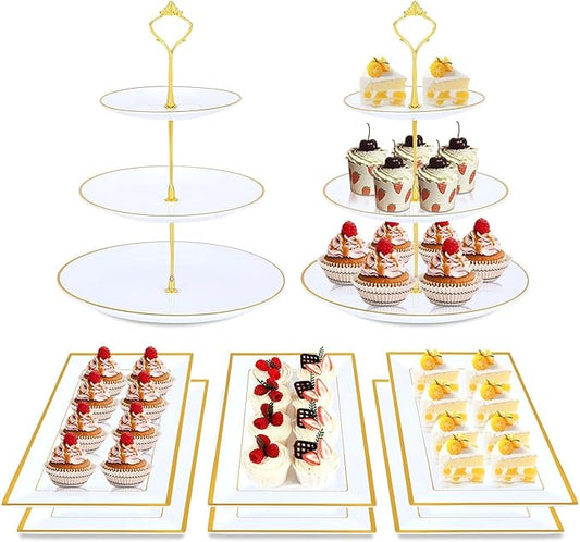 DI QIU REN 8PCS Cake Stand Set, Plastic Cupcake Stands with Gold Rim, Dessert Display Stands Set for Wedding Birthday Party Tea Party