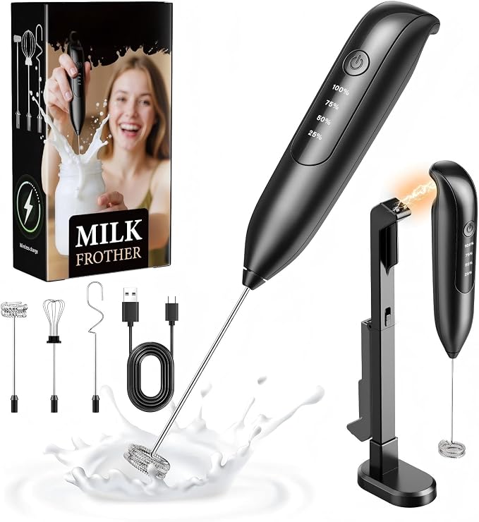 Electric Milk Frother Handheld: Rechargeable 3 Heads 3 Speeds Portable Stainless Steel Drink Foam Mixer with LED Digital Display for Milk Coffee, Lattes, Cappuccino, Matcha - Onyx Black