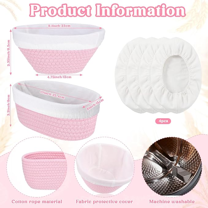 2 Pcs Cotton Rope Banneton Bread Proofing Basket Set 9 Inch Round and 10 Inch Oval Banneton Basket Sourdough Bread with Liners Covers for Baking Supplies (Pink)