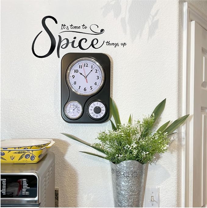 Lily's Home - 9 Inch x 12.5 Inch - Retro Kitchen Wall Clock, Vintage Wall Clock with a Thermometer and 60-Minute Timer, Ideal for Any Kitchen, Office, or Diner (Black)