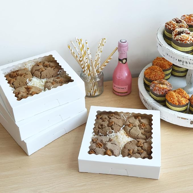 Moretoes 12pcs Bakery Boxes, 8x8x2 Inches Auto-Popup Cookie Boxes with Window, White Treat Containers for Chocolate Strawberries, Donuts, Desserts, Pastries, Mother's Day