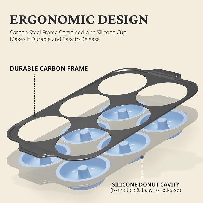 BRONYPRO Silicone Donut Pan for Baking with Metal Reinforced Frame, 6-Cavity Nonstick Doughnut Mold, Large Donut Size, Food-Grade Bakeware, Oven Dishwasher Freezer Safe, Blue