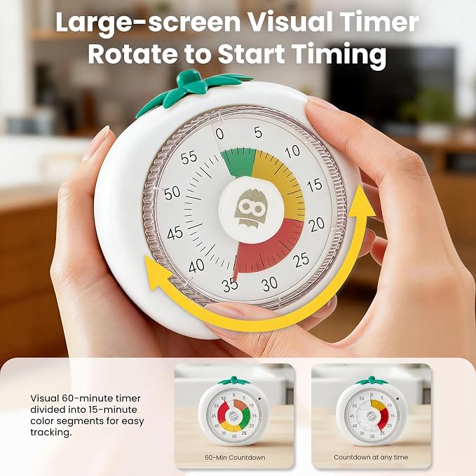 Magnetic Visual Timer, 60-Minute Countdown for Kitchen Classroom Homework | 4-Color Zone Dial with Cute Design, Kids Timer with Pomodoro Mode Time Management Tool for ADHD, Cooking & Baking