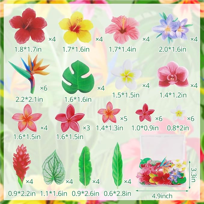 74pcs Edible Tropical Flowers Cake Toppers Hawaii Hibiscus Cupcake Decor | Morofme Edible Flowers Cake Topper Tropical Leaves Cupcake Topper Edible Aloha Cupcake Toppers for Summer Birthday Party
