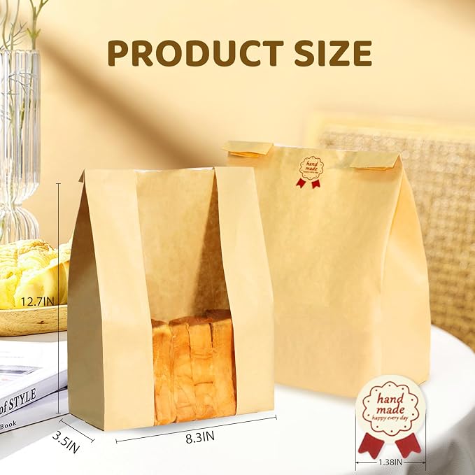 Bread Bags for Homemade Bread 300PCS Paper Sourdough Large Bakery Bags with Window for Baked Food Packaging Storage Gift Giving Includes 300PCS Label Seal Stickers 13.7x8.3x3.5in
