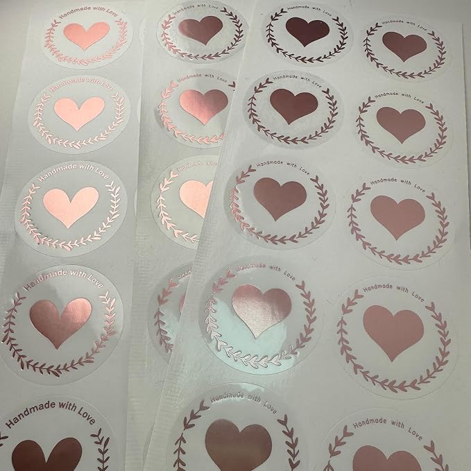 100 Pcs Handmade with Love Stickers, Transparent Foil sticker, 1.6 Inch Round Self-Adhesive Seals for Gift Packaging, Small Business, Envelope & Thank You Cards (Rose)