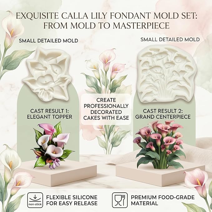 2Pcs Calla Lily Silicone Mold Set Flower Floral Bouquet Cake Decorating Fondant Molds for Wedding Cupcake Toppers Baking Chocolate Candy Dessert Botanical Resin Supplies Soap Polymer Clay