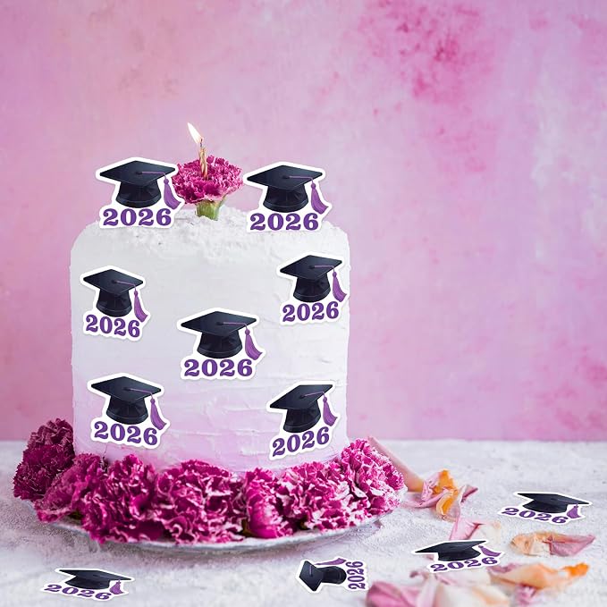 42pcs Edible Graduation Cap Cupcake Toppers Wafer Paper Purple Class of 2026 Cake Decorations Edible Grad Cap Cupcake Picks for 2026 Graduation Theme Party Cake Decor Supplies