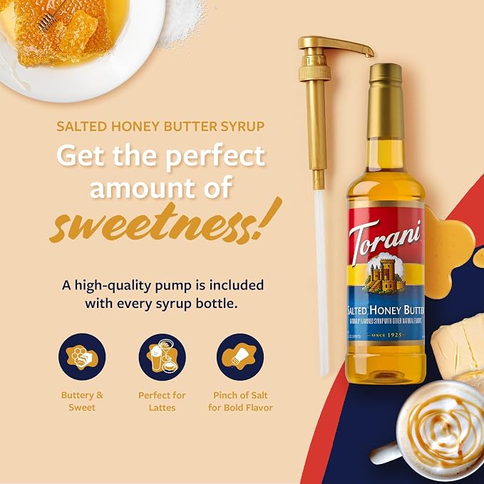 Torani Coffee Syrup, Salted Honey Butter Syrup, Flavoring for Drinks and Desserts, Glass Bottle with Pump Included, 25.4 Fl Oz