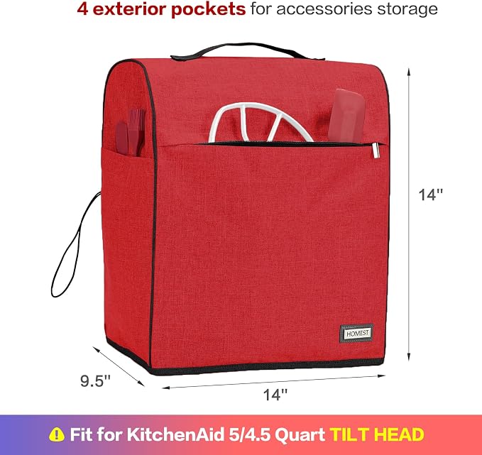 HOMEST Stand Quilted Mixer Cover with Zip Pocket for Kitchen Accessories | Fits KitchenAid 5/4.5 quart mixers, zipper pocket stores attachments and kitchen accessories, Red