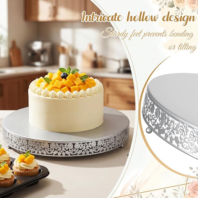 Wenqik 18 Inch Silver Cake Stand Set Metal Round Cupcake Dessert Stand with Cake Cutting, Flower Spatula Wedding Cupcake Pastry Display Candy Holder Display for Wedding Party Birthday Baby Shower