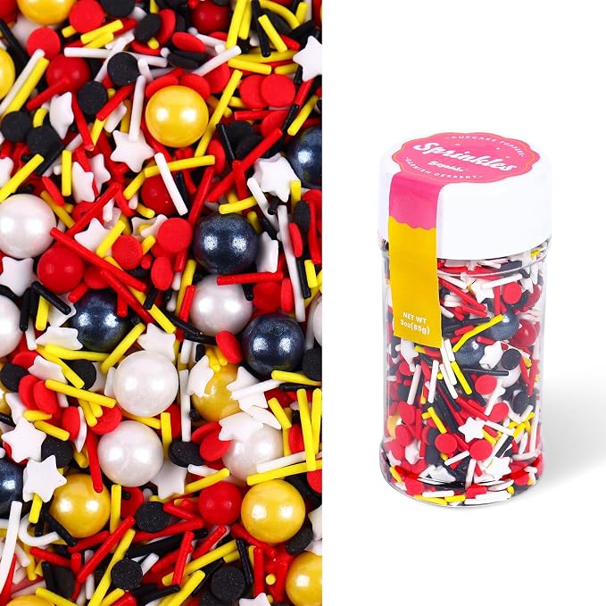 Edible Mouse Sprinkle Mix, 3oz Black Red Yellow White Sprinkles for Baking and Cake Decorating, Mouse Cake Decoration Edible with Birthday Themed, Children's Party Supplies