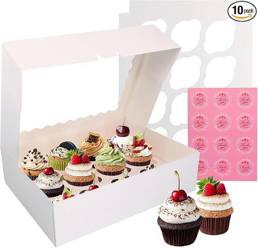 Cupcake Boxes 10 PCS, 12 Count Cupcake Containers with Window and Inserts, Quality Cupcakes Holder White Bakery Boxes Holding Dessert/Pastry, Cupcake Carrier for Birthday Party Bakery Supplies
