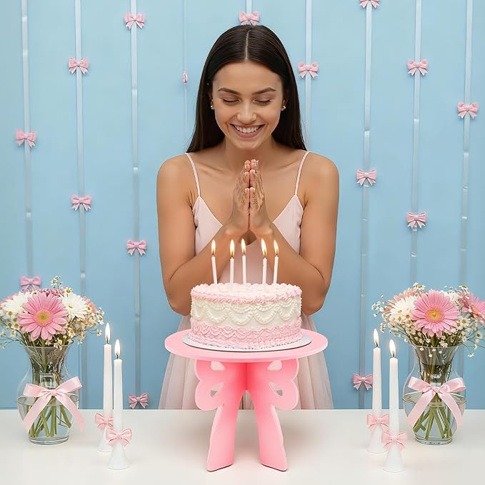 Lallisa Bow Cake Stand Pink Coquette Party Decorations 3D PVC Dessert Holder for Baby Shower Wedding Decor Holiday Props Theme Gift Birthday Bachelorette Bridal Party Supplies