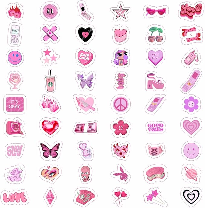 BulbaCraft 100Pcs Y2K Stickers Pink for Water Bottle and Laptop - Y2K Party Supplies & Decorations, Waterproof Vinyl Decals, 2000s and Aesthetic Stickers, Gifts for Women & Men