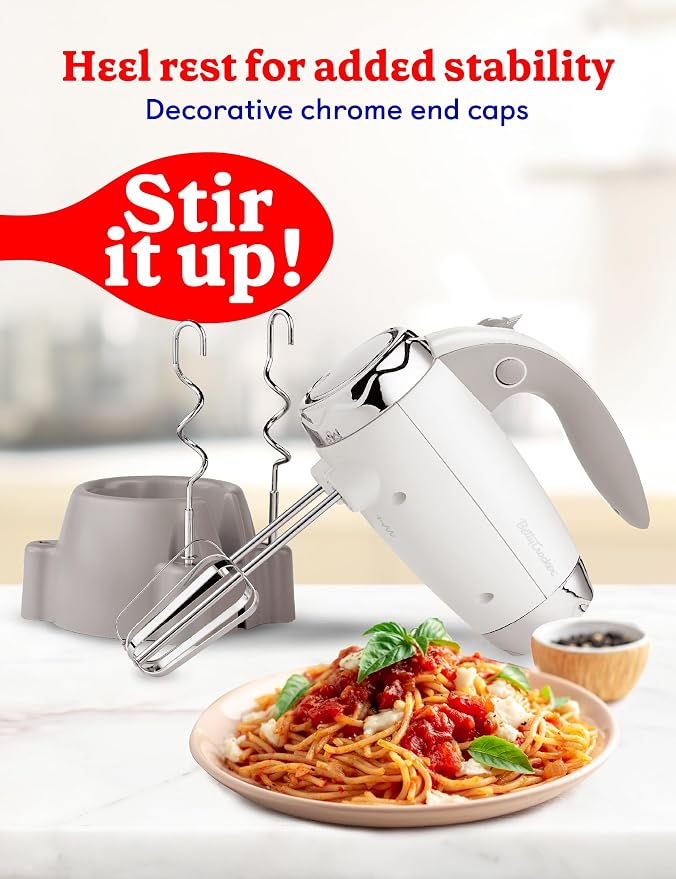 BETTY CROCKER Hand Blender 7 Speed, 250 Watt Electric Mixer with Beaters and Dough Hooks, Ergonomic Electric Hand Mixer for Home & Kitchen with Stand and Soft Touch Handle, White