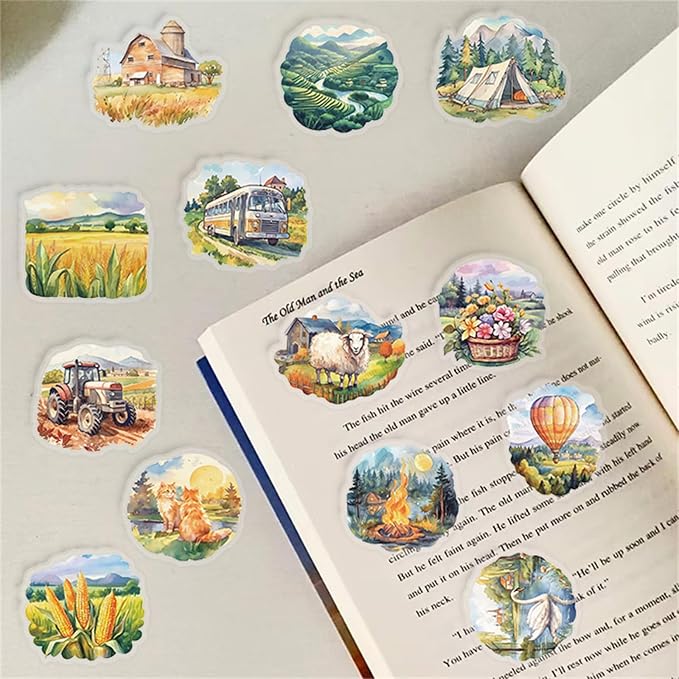 50 Pcs Pastoral Countryside Scrapbook Stickers, Colourful-B4 | Waterproof, Transparent, Vintage Farmhouse Decals, Rustic Nature & Farm Animals & Scenic Landscapes
