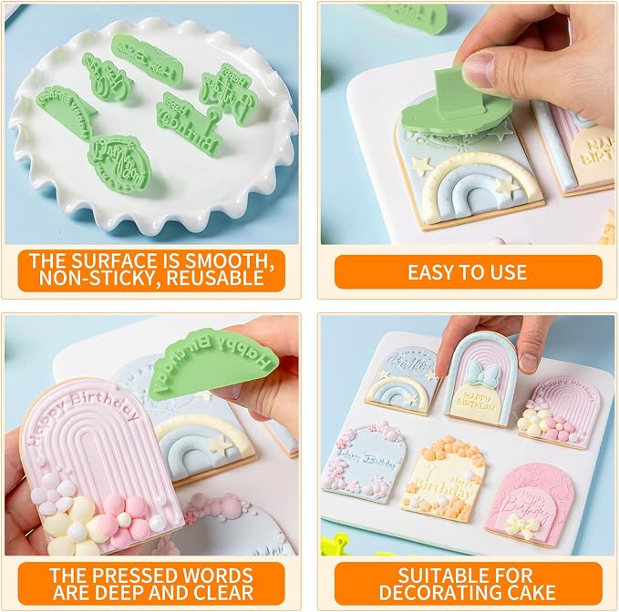 KALAIEN 8 Pcs Happy Birthday Fondant Letter Cutters,Cookie Stamps for Cake Cookie Baking Decoration,Happy Birthday Fondant Stamp