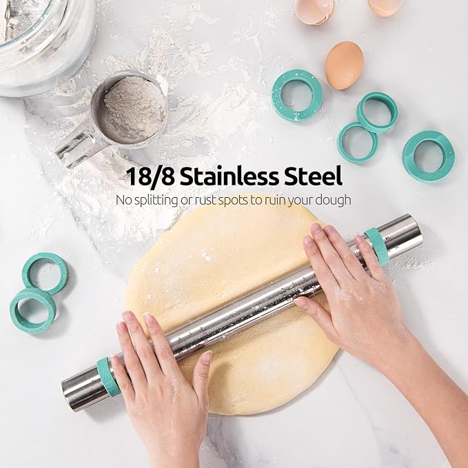 U-Taste 18/8 Stainless Steel 16 inch Adjustable Rolling Pin with Silicone Removable Thickness Rings, and 20inx16in Large Silicone Pastry Mat Food-Grade Non-Stick Dough Rolling Mat (Aqua Sky+Transparen